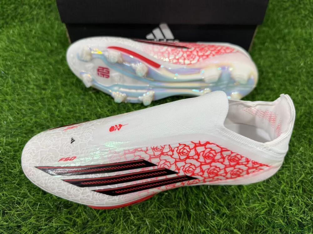 Unisex Adidas F50+ Elite Lightstrike Pro Laceless FG Football Boots - White/Crimson Glow/Black Shadow