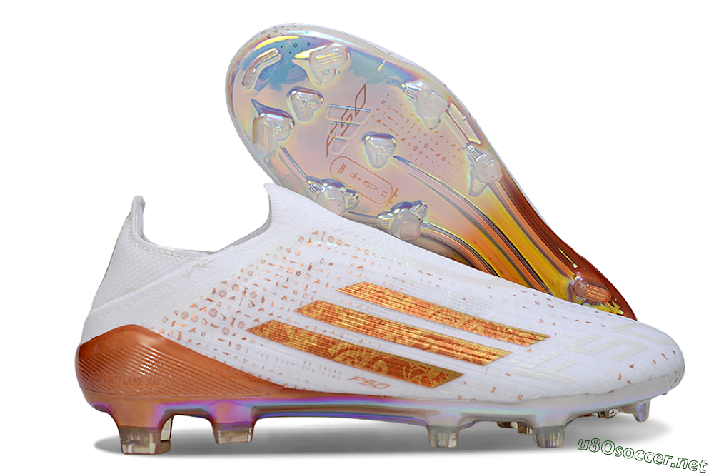 Unisex Adidas F50 Elite Laceless FG Football Boots - White/Copper Flame/Golden Iris 2