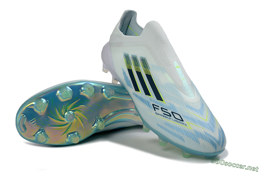 Unisex Adidas F50 Elite Laceless FG Football Boots - White/Neon Yellow/Iridescent Blue 3
