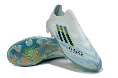 Unisex Adidas F50 Elite Laceless FG Football Boots - White/Neon Yellow/Iridescent Blue