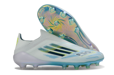 Unisex Adidas F50 Elite Laceless FG Football Boots - White/Neon Yellow/Iridescent Blue