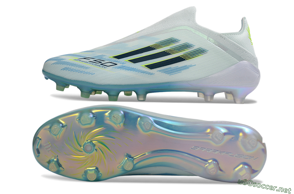 Unisex Adidas F50 Elite Laceless FG Football Boots - White/Neon Yellow/Iridescent Blue 1
