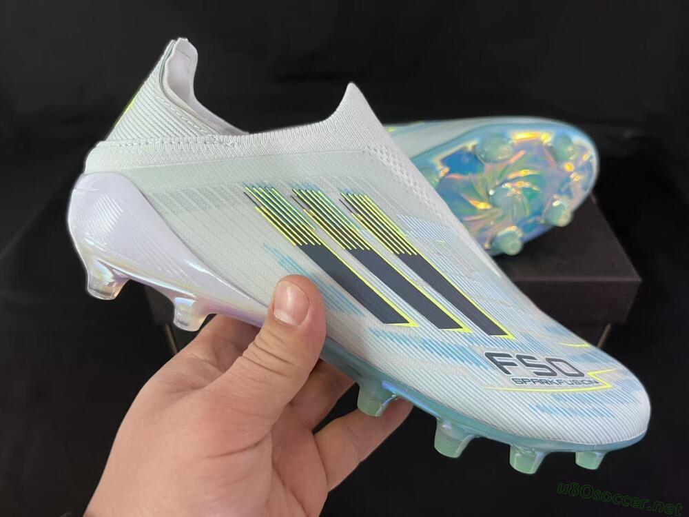 Unisex Adidas F50 Elite Laceless FG Football Boots - White/Neon Yellow/Iridescent Blue