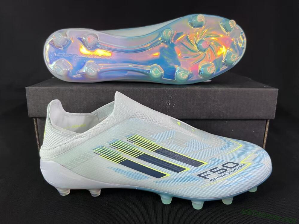 Unisex Adidas F50 Elite Laceless FG Football Boots - White/Neon Yellow/Iridescent Blue
