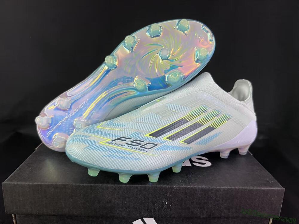 Unisex Adidas F50 Elite Laceless FG Football Boots - White/Neon Yellow/Iridescent Blue