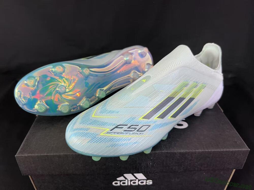 Unisex Adidas F50 Elite Laceless FG Football Boots - White/Neon Yellow/Iridescent Blue