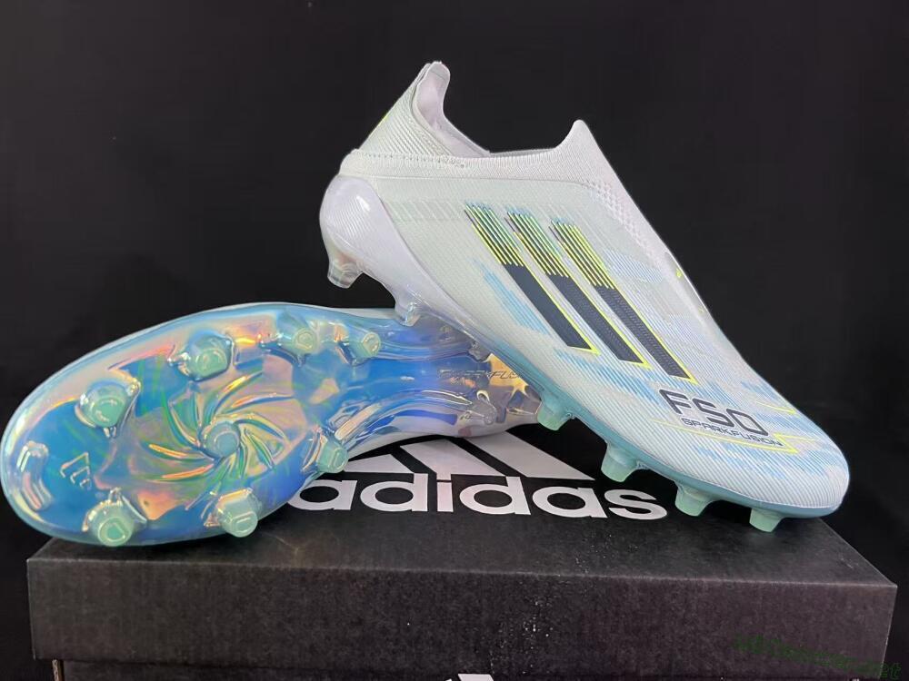 Unisex Adidas F50 Elite Laceless FG Football Boots - White/Neon Yellow/Iridescent Blue