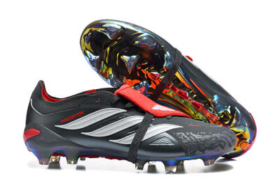 Men's Adidas Predator 26 Elite Fold-Over Tongue FG Football Boots - Black/Crimson Red/Metallic Silver