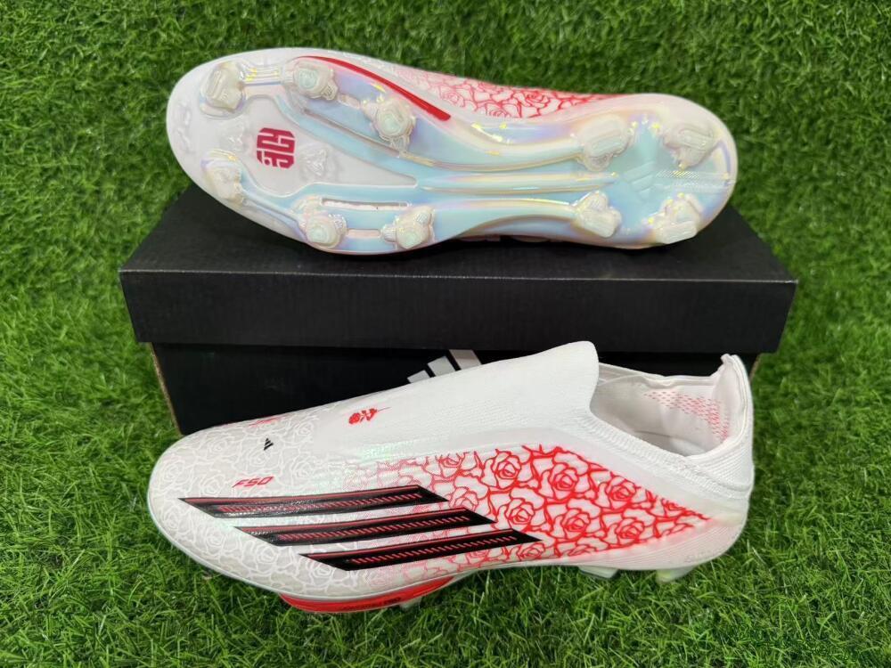 Unisex Adidas F50+ Elite Lightstrike Pro Laceless FG Football Boots - White/Scarlet Glow/Black Burst