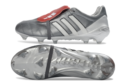 Men's Adidas Predator 26 Elite Fold-Over Tongue FG Football Boots - Gray/Metallic Silver/Crimson Red