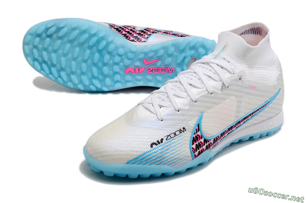 Men's Nike Air Zoom Mercurial Superfly 9 Elite TF Football Shoes - White/Blue/Pink 3