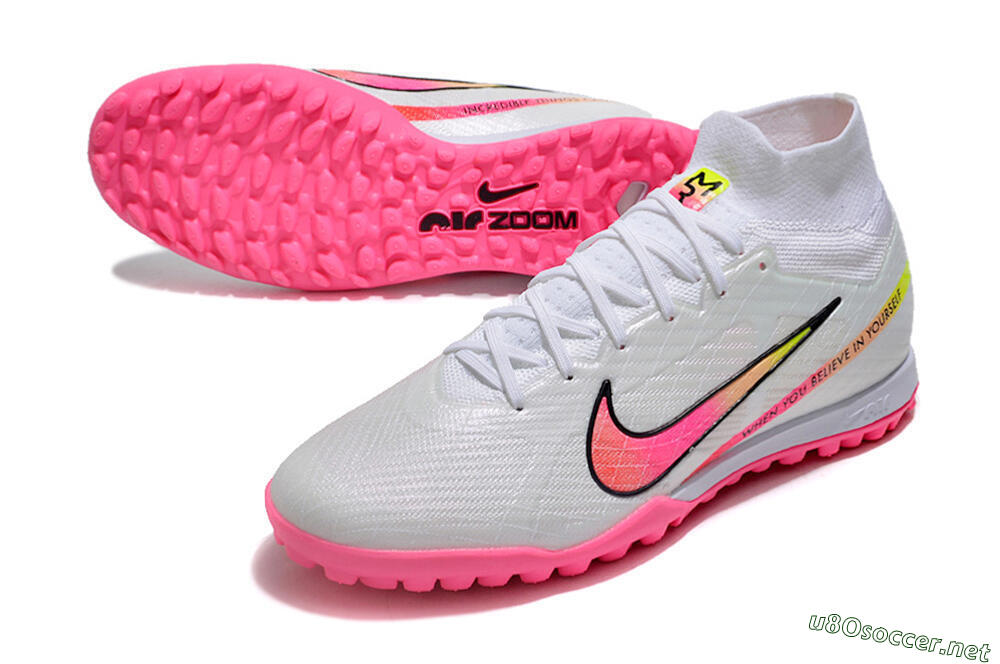 Men's Nike Air Zoom Mercurial Superfly 9 Elite TF Football Shoes - White/Pink/Black/Green 3