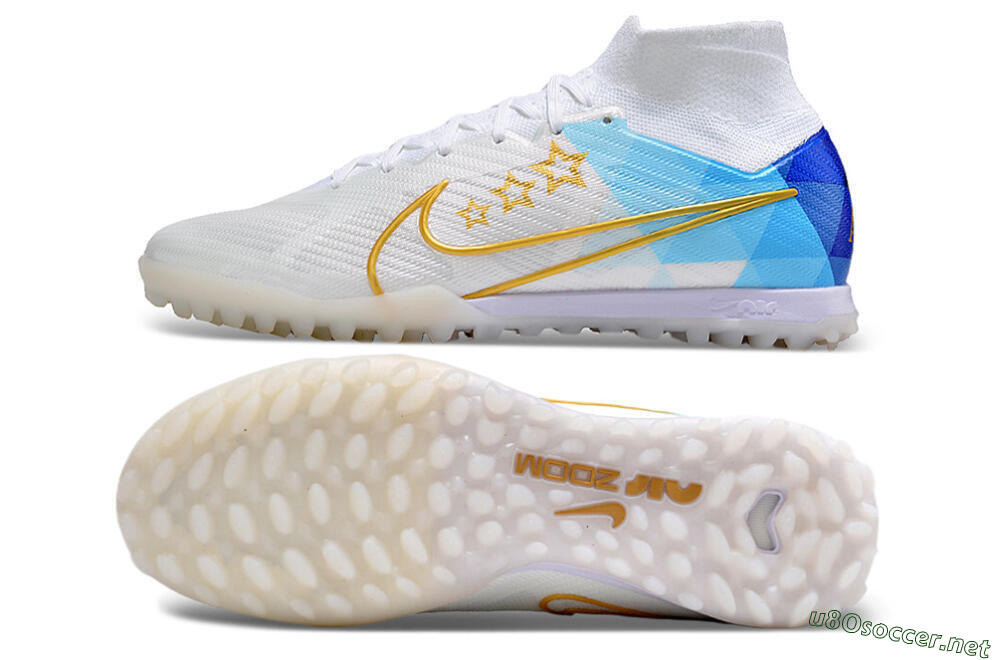 Men's Nike Air Zoom Mercurial Superfly 9 Elite TF Football Shoes - White/Gold/Blue 1