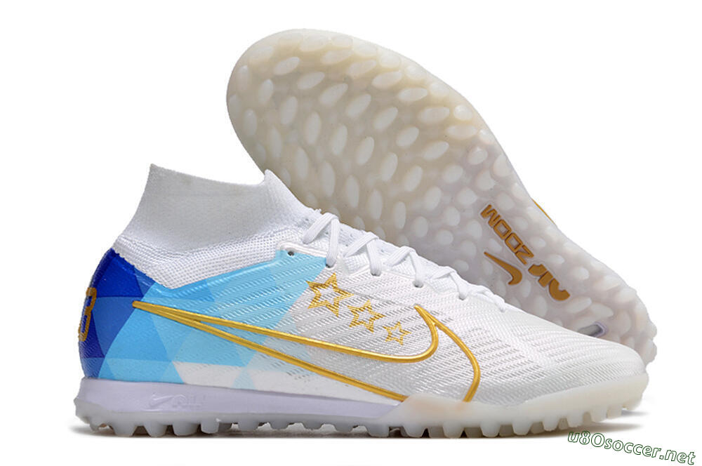 Men's Nike Air Zoom Mercurial Superfly 9 Elite TF Football Shoes - White/Gold/Blue 2