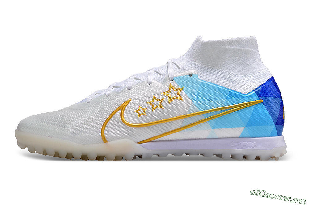 Men's Nike Air Zoom Mercurial Superfly 9 Elite TF Football Shoes - White/Gold/Blue 0