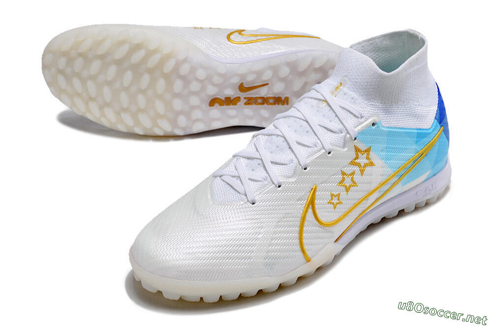 Men's Nike Air Zoom Mercurial Superfly 9 Elite TF Football Shoes - White/Gold/Blue 3