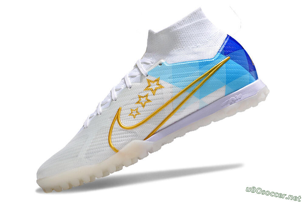 Men's Nike Air Zoom Mercurial Superfly 9 Elite TF Football Shoes - White/Gold/Blue 5