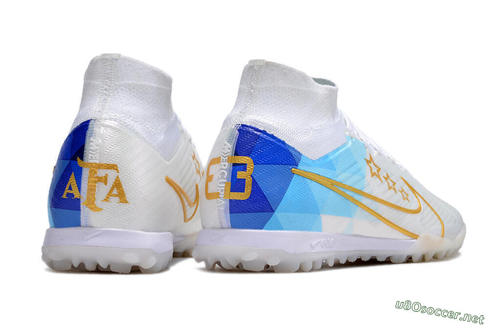 Men's Nike Air Zoom Mercurial Superfly 9 Elite TF Football Shoes - White/Gold/Blue 6