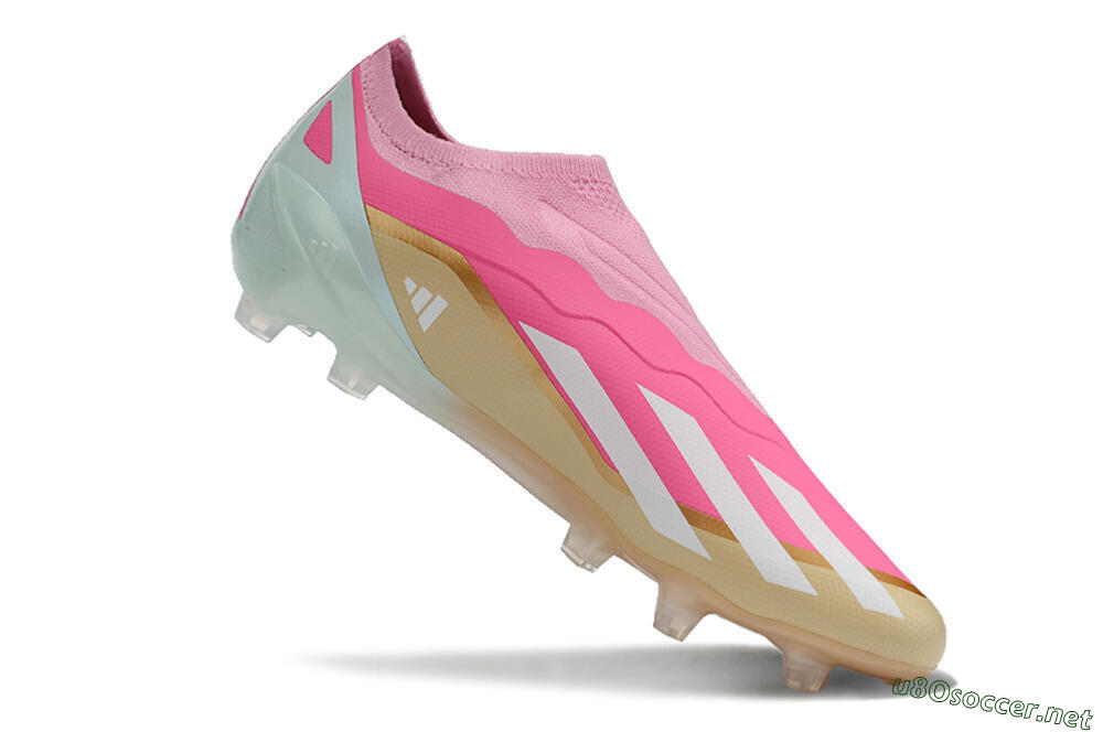 Men's Adidas X Crazyfast+ Laceless FG Football Boots - Pink/White/Gold/Jade 4