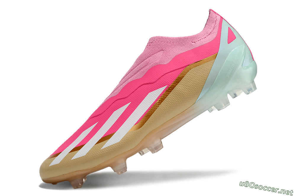 Men's Adidas X Crazyfast+ Laceless FG Football Boots - Pink/White/Gold/Jade 5
