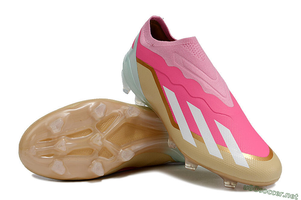 Men's Adidas X Crazyfast+ Laceless FG Football Boots - Pink/White/Gold/Jade 3