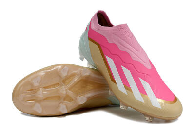 Men's Adidas X Crazyfast+ Laceless FG Football Boots - Pink/White/Gold/Jade