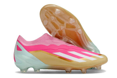 Men's Adidas X Crazyfast+ Laceless FG Football Boots - Pink/White/Gold/Jade