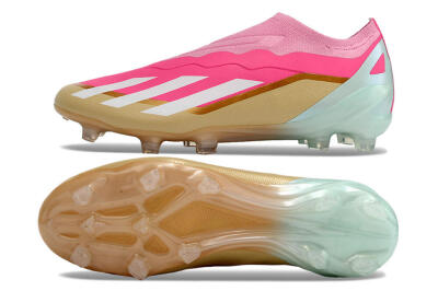 Men's Adidas X Crazyfast+ Laceless FG Football Boots - Pink/White/Gold/Jade