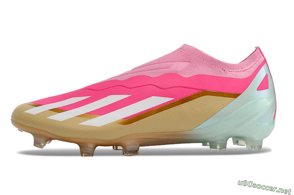 Men's Adidas X Crazyfast+ Laceless FG Football Boots - Pink/White/Gold/Jade 0