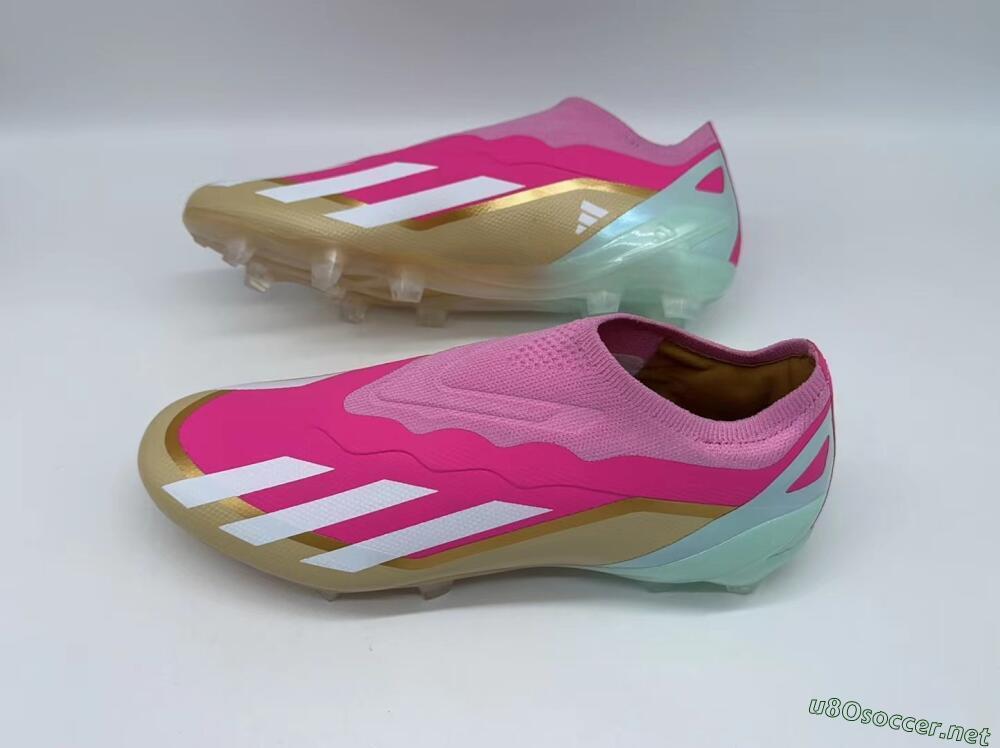 Men's Adidas X Crazyfast+ Laceless FG Football Boots - Pink/White/Gold/Jade