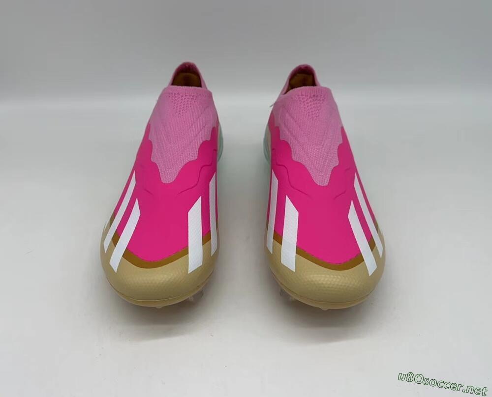 Men's Adidas X Crazyfast+ Laceless FG Football Boots - Pink/White/Gold/Jade