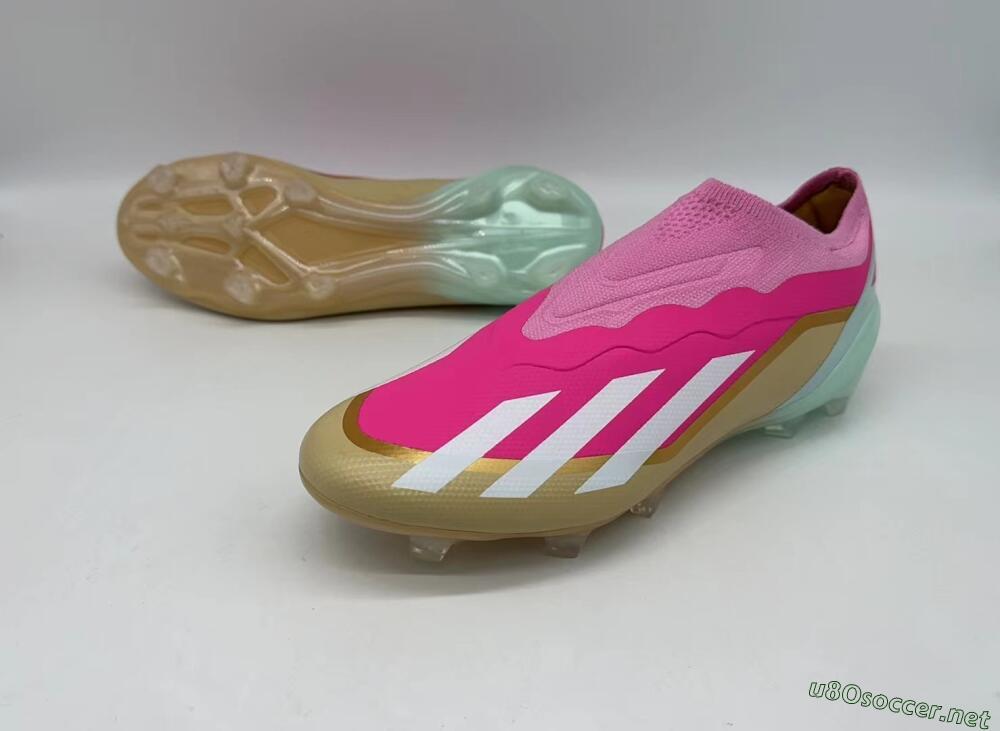 Men's Adidas X Crazyfast+ Laceless FG Football Boots - Pink/White/Gold/Jade