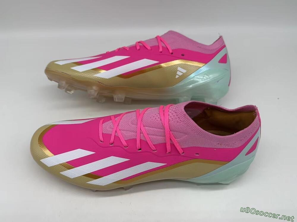 Men's Adidas X Crazyfast+ Laceless FG Football Boots - Pink/White/Gold/Jade