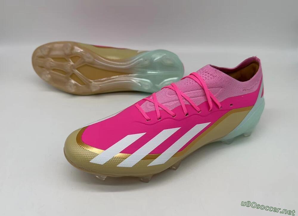 Men's Adidas X Crazyfast+ Laceless FG Football Boots - Pink/White/Gold/Jade