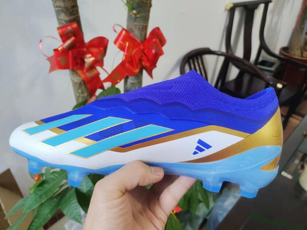 Men's Adidas X Crazyfast.1 Laceless FG Football Boots - Blue/White/Gold