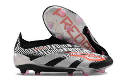 Men's Adidas Predator+ 24 Elite Laceless FG Football Boots - White/Black/Silver