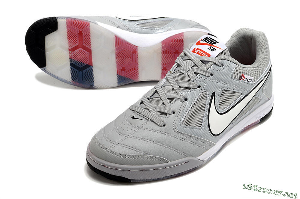 Men's Supre x Nike SB Gato IC Football Shoes - Grey/White/Red/Black 3