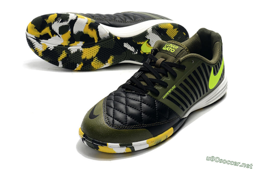 Men's Nike Lunar Gato 2 IC Football Shoes - Black/Green/Yellow 3