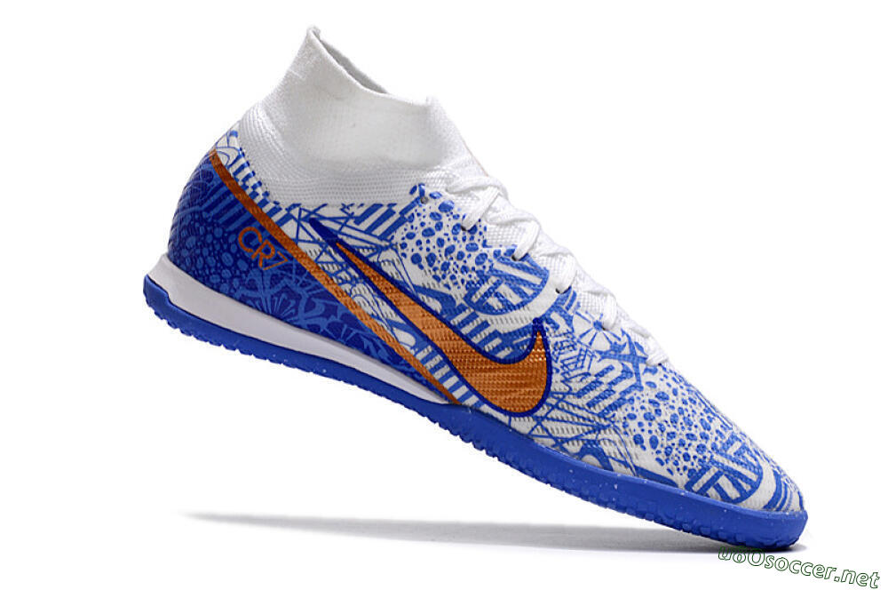 Men's Nike Air Zoom Mercurial Superfly 9 Elite IC Football Shoes - White/Blue/Gold 4