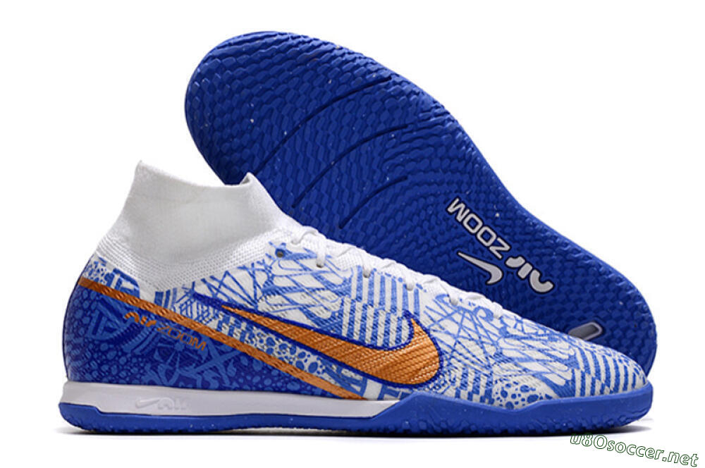 Men's Nike Air Zoom Mercurial Superfly 9 Elite IC Football Shoes - White/Blue/Gold 2