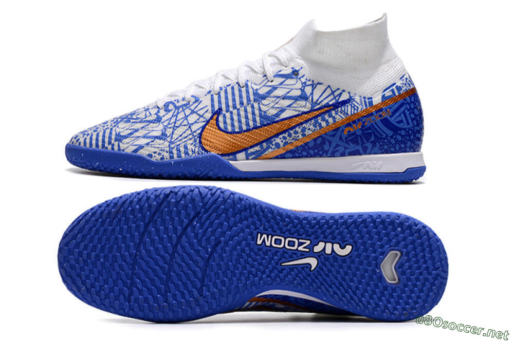 Men's Nike Air Zoom Mercurial Superfly 9 Elite IC Football Shoes - White/Blue/Gold 1