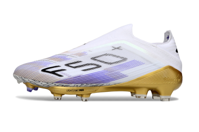 Men's Adidas F50+ Elite Lightstrike Pro Laceless FG Football Boots - White/Purple/Gold