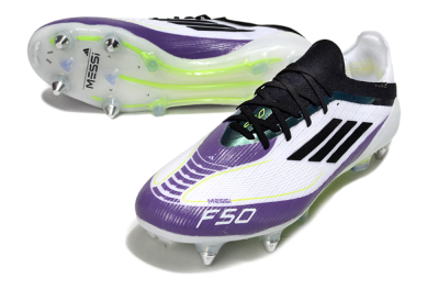 Men's Messi x Adidas F50 Elite SG Football Boots - White/Purple/Black