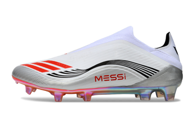 Men's Messi x Adidas F50 Pro Laceless FG Football Boots - Silver/White/Red