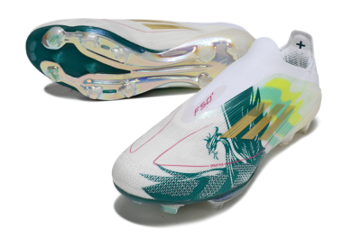 Men's Adidas F50+ Elite Lightstrike Pro Laceless FG Football Boots - White/Neon Green/Sapphire Blue