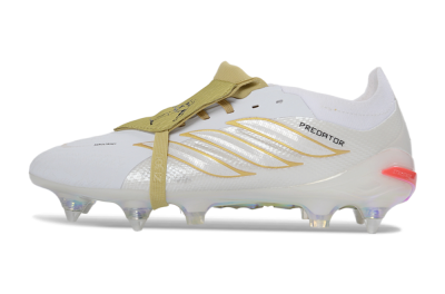 Men's Adidas Predator 26 Elite Fold-Over Tongue SG Football Boots - White/Gold Accents/Holographic Sole