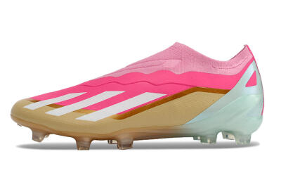 Men's Adidas X Crazyfast+ Laceless FG Football Boots - Pink/White/Gold/Jade