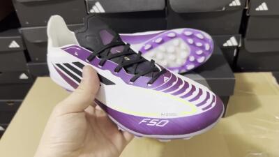 Unisex Messi x Adidas F50 Elite MG Football Boots - White/Black/Purple